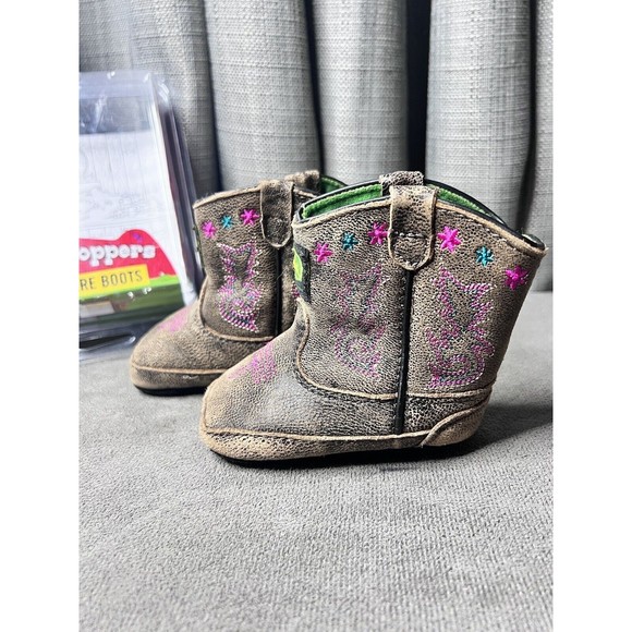 John Deere Infant Johnny Popper Boots Size 3M 6-9 months Stitching Brown Pink - Picture 3 of 11